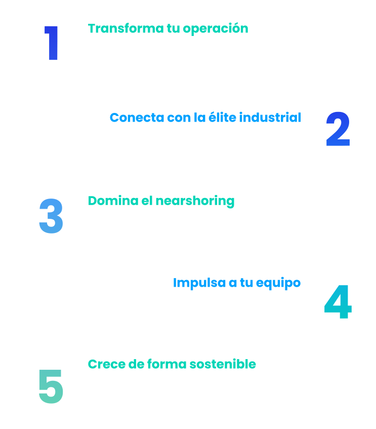 Transforma tu operación con talleres prácticos de IA, Lean, TPM y Hoshin Kanri para bajar scrap y costos. 
Conecta con la élite industrial, con casos de éxito donde empresas como LEGO, LAMOSA y ZF nos comparten sus mejores prácticas.
Domina el nearshoring, con estrategias de competitividad global que ya atraen inversiones récord a Nuevo León.
Impulsa a tu equipo, con sesiones de liderazgo ágil, gestión del cambio y cultura digital para crear equipos de alto desempeño.
Crece de forma sostenible, con paneles de discusión sobre incorporación de cadenas de valor y finanzas para cumplir nuevos estándares de clientes internacionales.